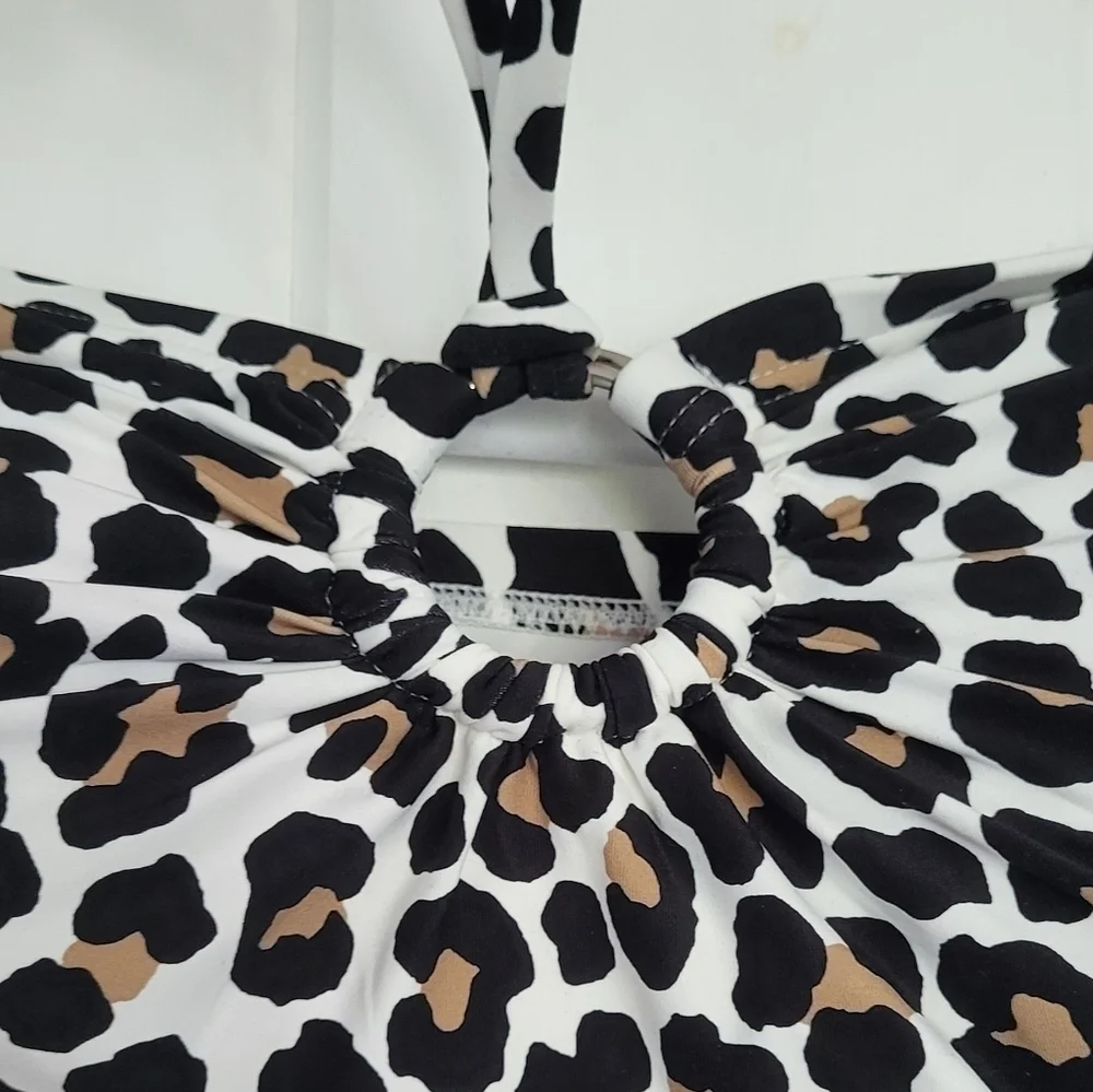 Michael Kors Khaki Leopard Logo Ring Shirred Bandeau Tankini Top